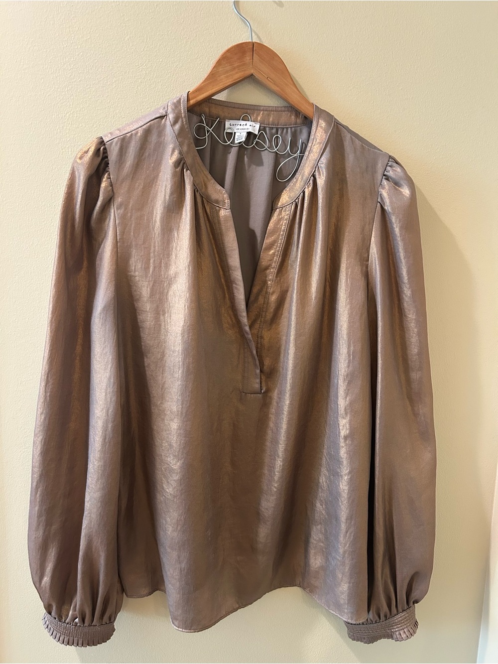 Anthropologie Current Air Metallic Bronze Blouse - Long Sleeve V-Neck Size L